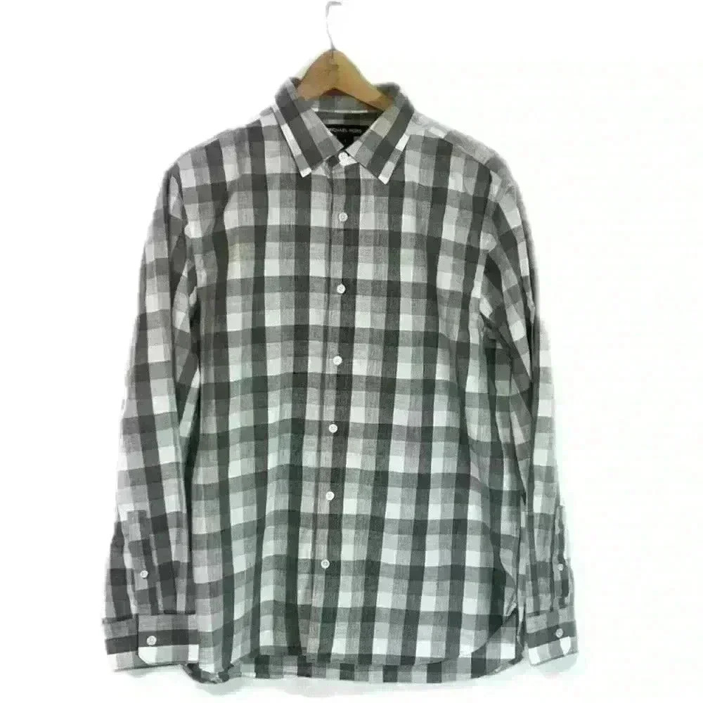 Michael Kors Gray and White Plaid 100% Cotton Long Sleeve Button Down, L